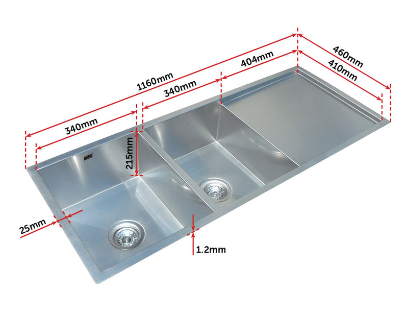 1160x460mm Handmade Stainless Steel Undermount / Topmount Kitchen Laundry Sink with Waste