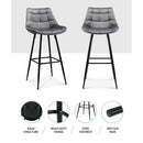 Set of 2 Kitchen Bar Stools Velvet Bar Stool Counter Chairs Metal Barstools Grey