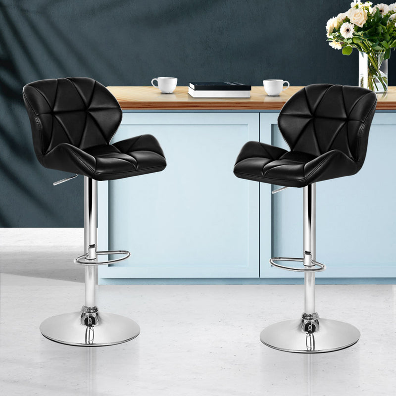 Sett of 2 Bar Stools Gas Lift Kitchen Swivel Chairs PU Leather Chrome Black