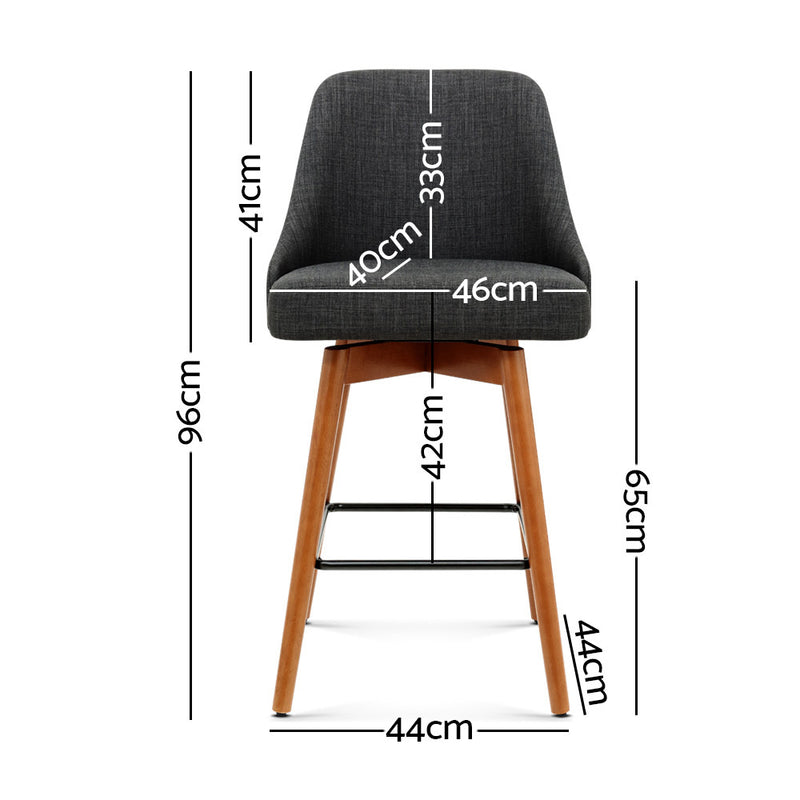 Set of 2 Wooden Bar Stools Swivel Bar Stool Kitchen Cafe Fabric Charcoal