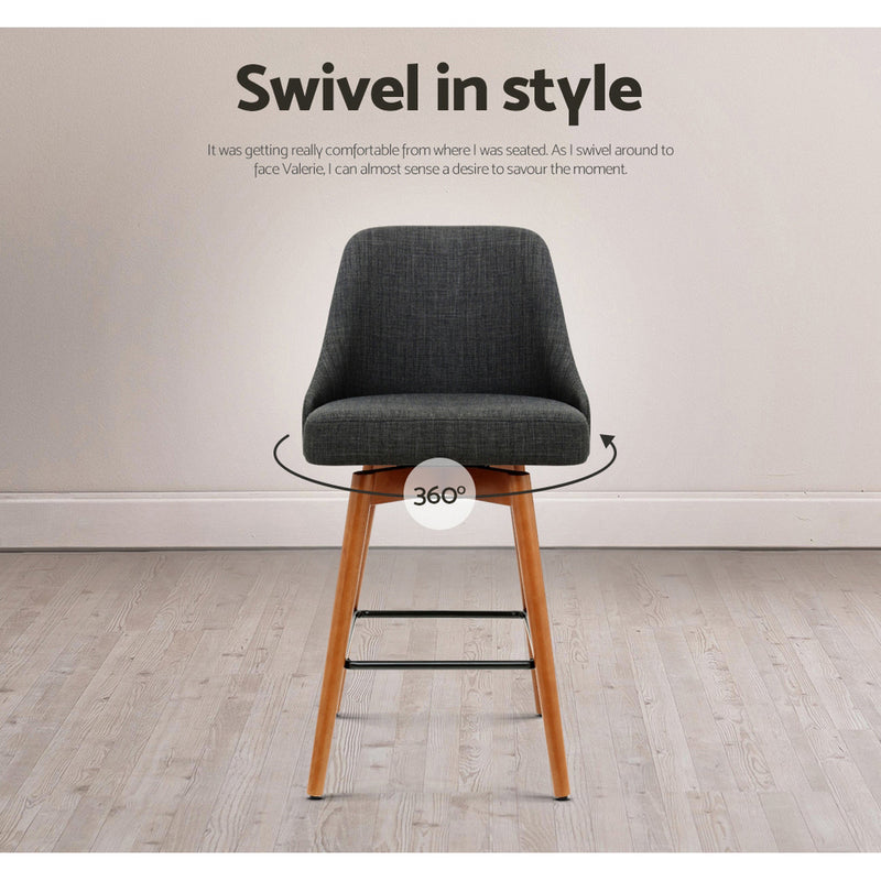 Set of 2 Wooden Bar Stools Swivel Bar Stool Kitchen Cafe Fabric Charcoal