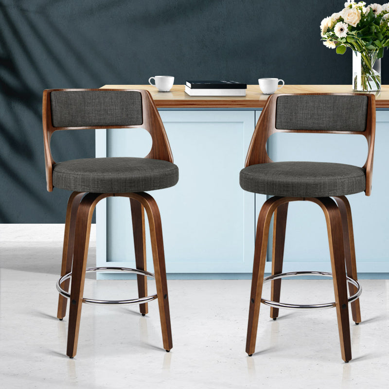 Set of 2 Wooden Swivel Bar Stools Kitchen Counter Barstool Charcoal Fabric