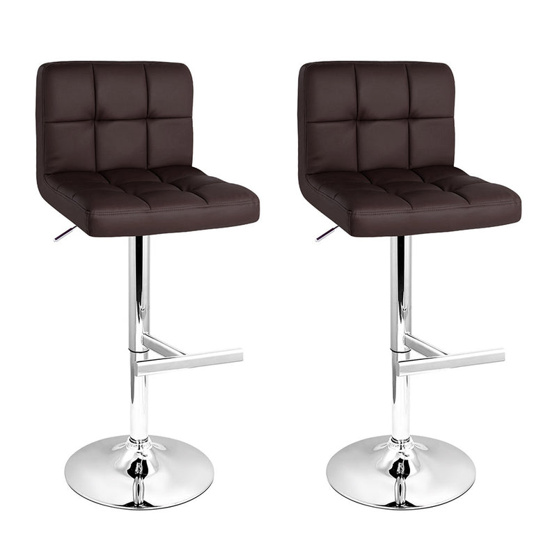 Set of 2 Gas Lift Bar Stools Swivel Chairs PU Leather Chrome Chocolate