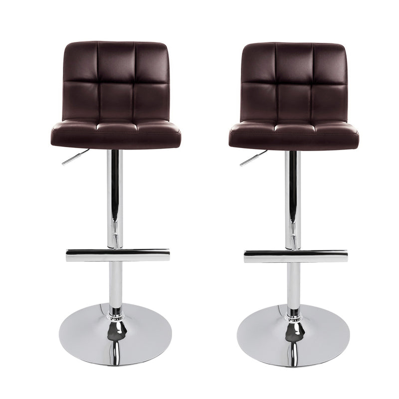 Set of 2 Gas Lift Bar Stools Swivel Chairs PU Leather Chrome Chocolate