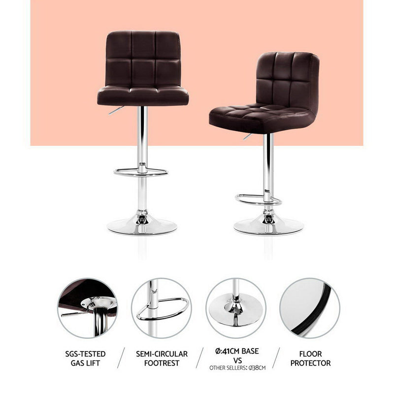 Set of 2 Gas Lift Bar Stools Swivel Chairs PU Leather Chrome Chocolate