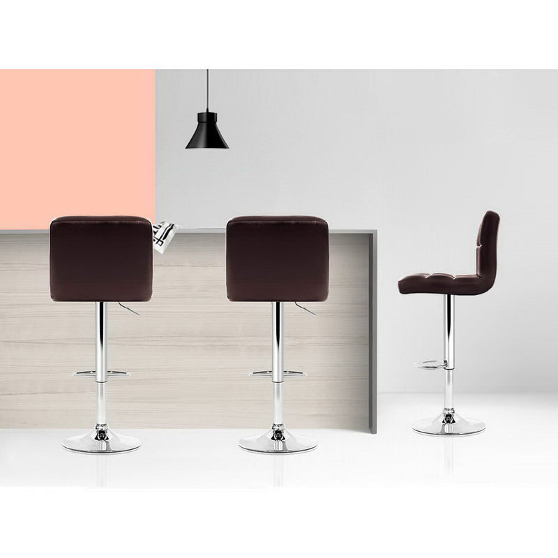 Set of 2 Gas Lift Bar Stools Swivel Chairs PU Leather Chrome Chocolate