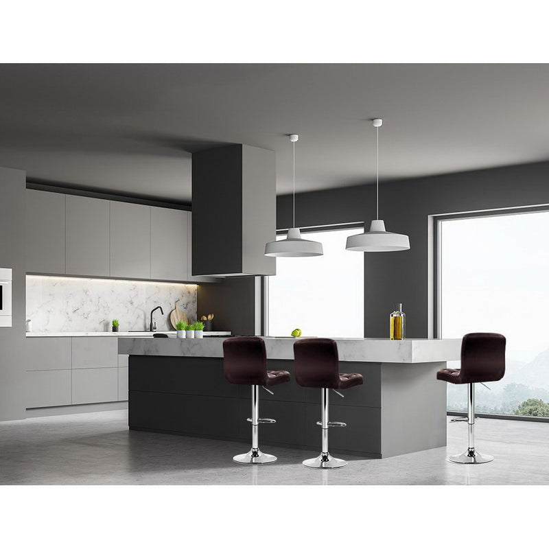 Set of 2 Gas Lift Bar Stools Swivel Chairs PU Leather Chrome Chocolate