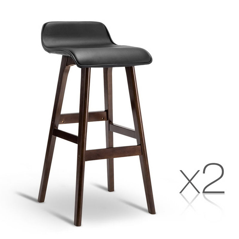 Set of 2 PU Leather and Wood Bar Stool - Black