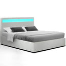 LED Bed Frame Double Full Size Gas Lift Base With Storage White Leather