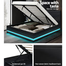 RGB LED Bed Frame Double Full Size Gas Lift Base Storage Black Leather LUMI