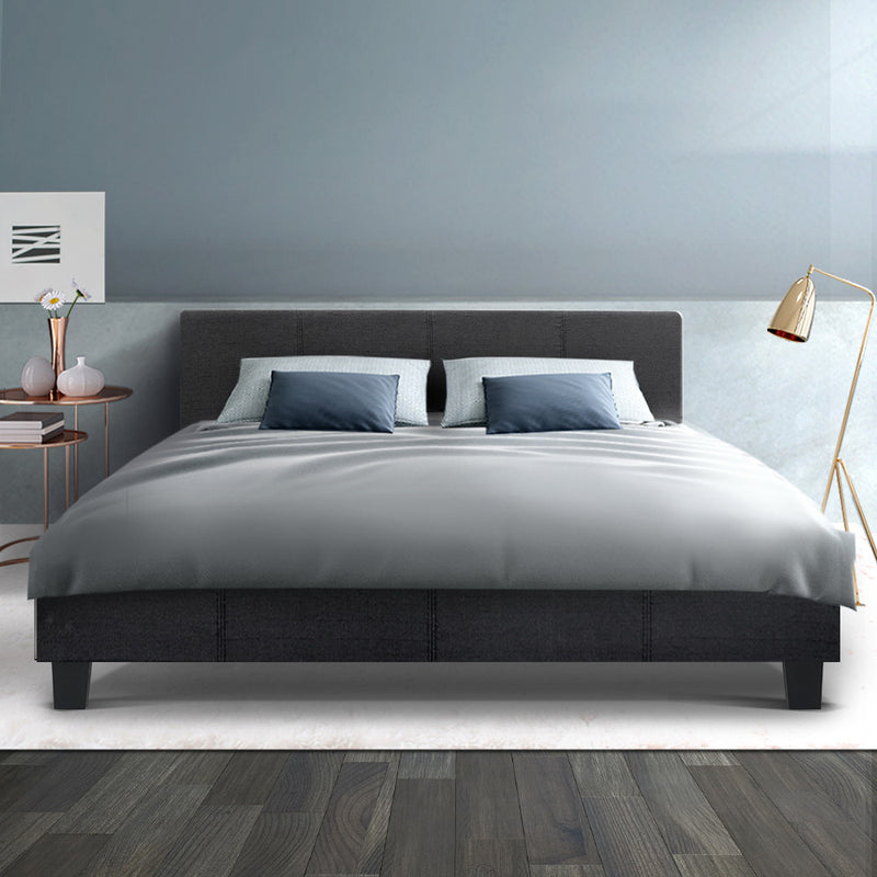 Bed Frame Queen Size Base Mattress Platform Full Fabric Wooden Charcoal NEO