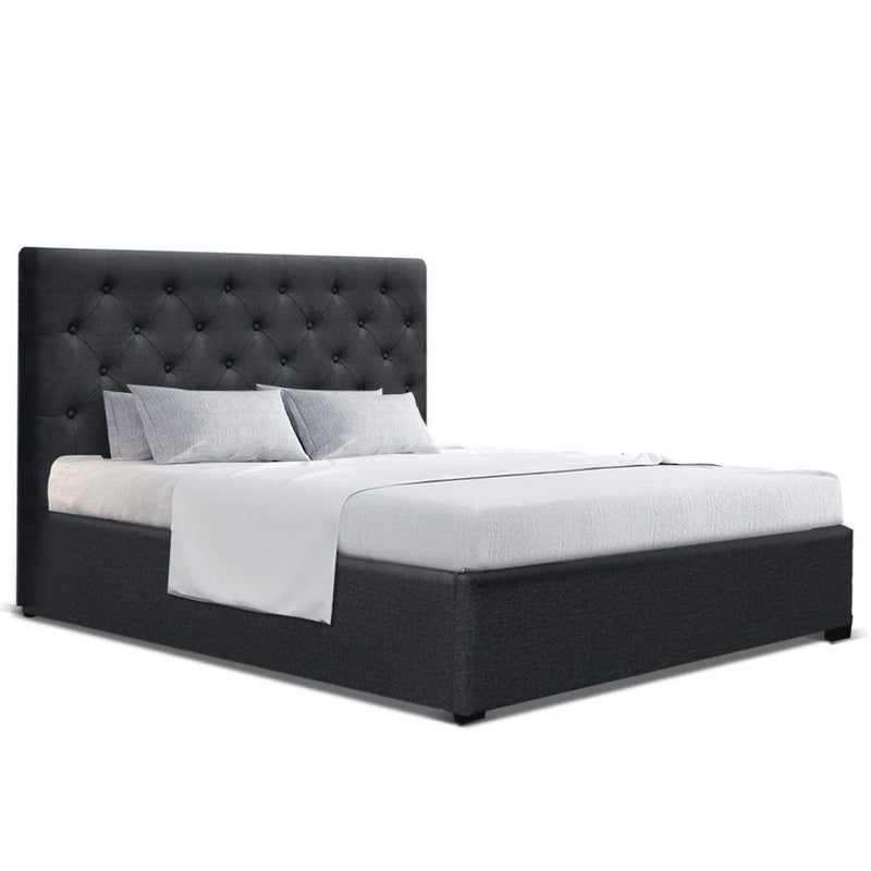 Double Full Size Gas Lift Bed Frame Charcoal Fabric Base With Storage Mattress