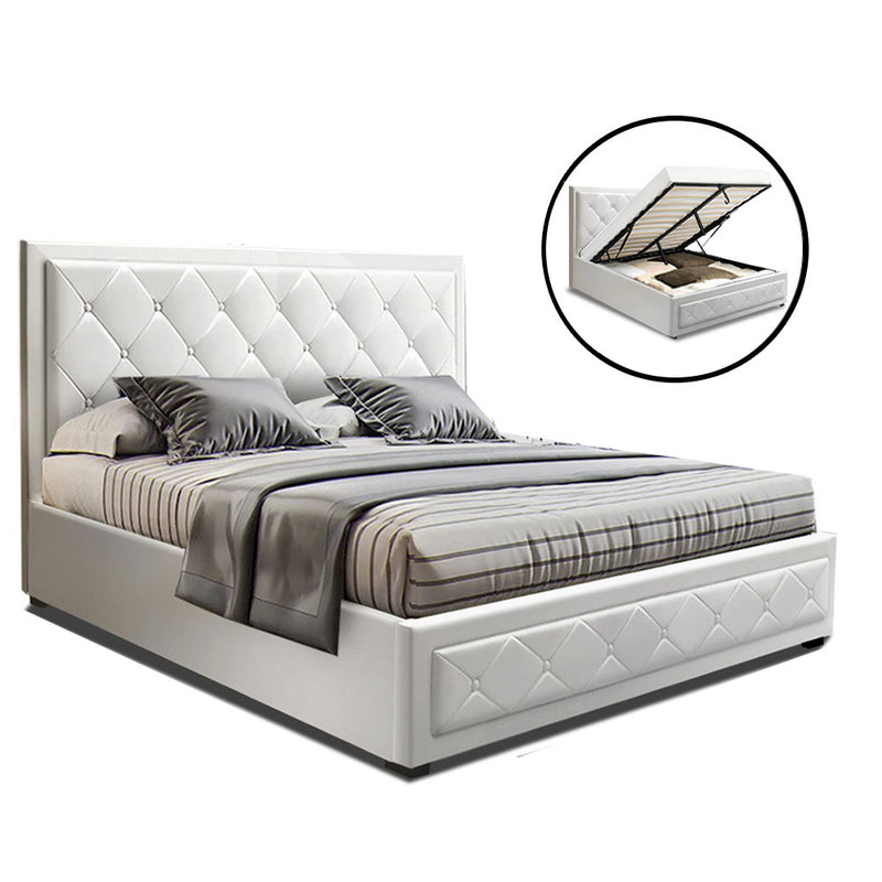 TIYO Double Full Size Gas Lift Bed Frame Base With Storage Mattress White Leather
