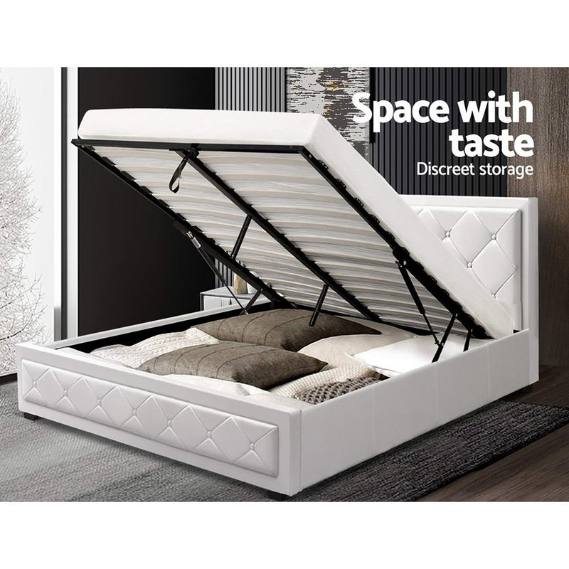 TIYO Double Full Size Gas Lift Bed Frame Base With Storage Mattress White Leather