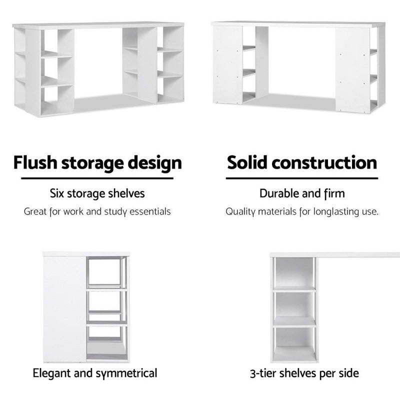 3 Level Desk with Storage & Bookshelf - White