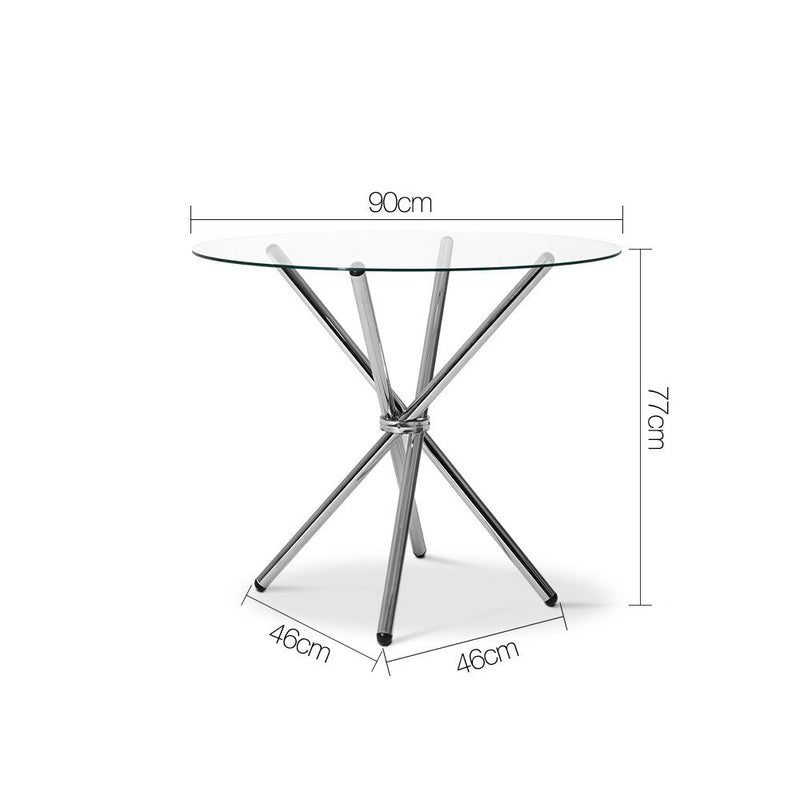 Round Dining Table 4 Seater 90cm Tempered Glass Clear Chrome Steel Legs Cross Cafe Kitchen Tables