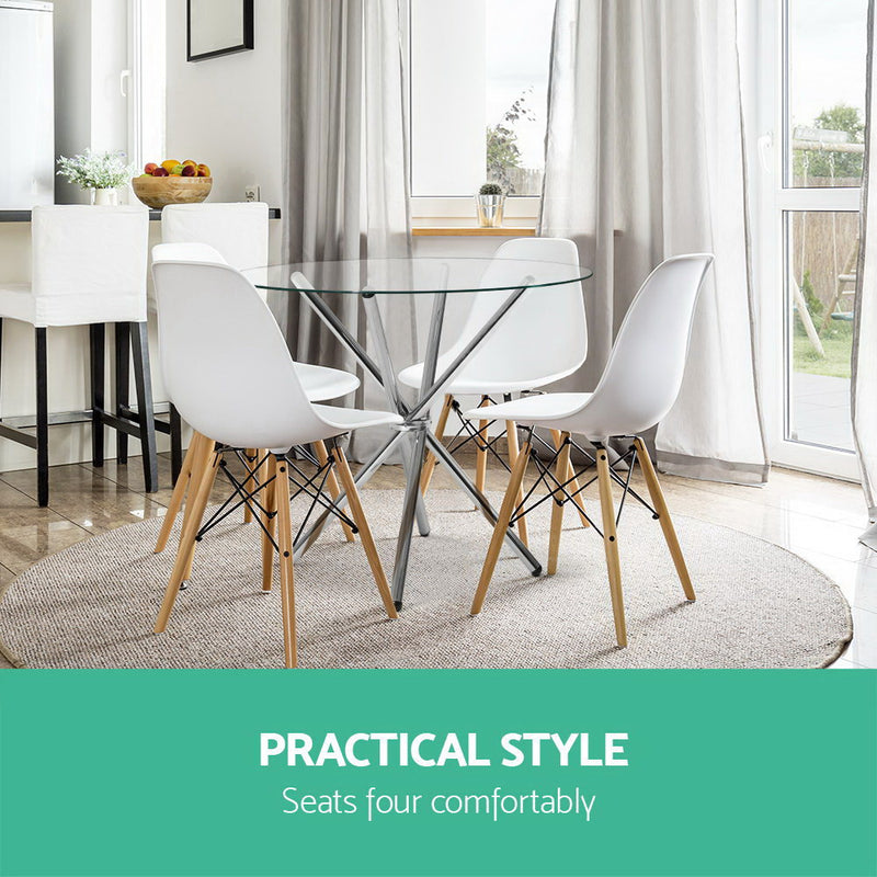 Round Dining Table 4 Seater 90cm Tempered Glass Clear Chrome Steel Legs Cross Cafe Kitchen Tables