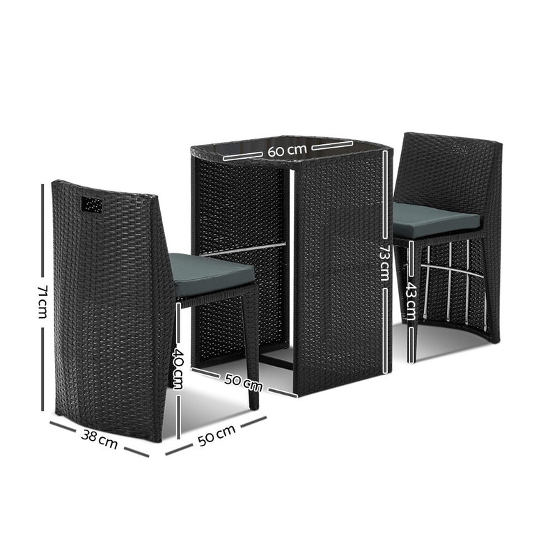3 Piece PE Wicker Outdoor Table and Chair Set - Black