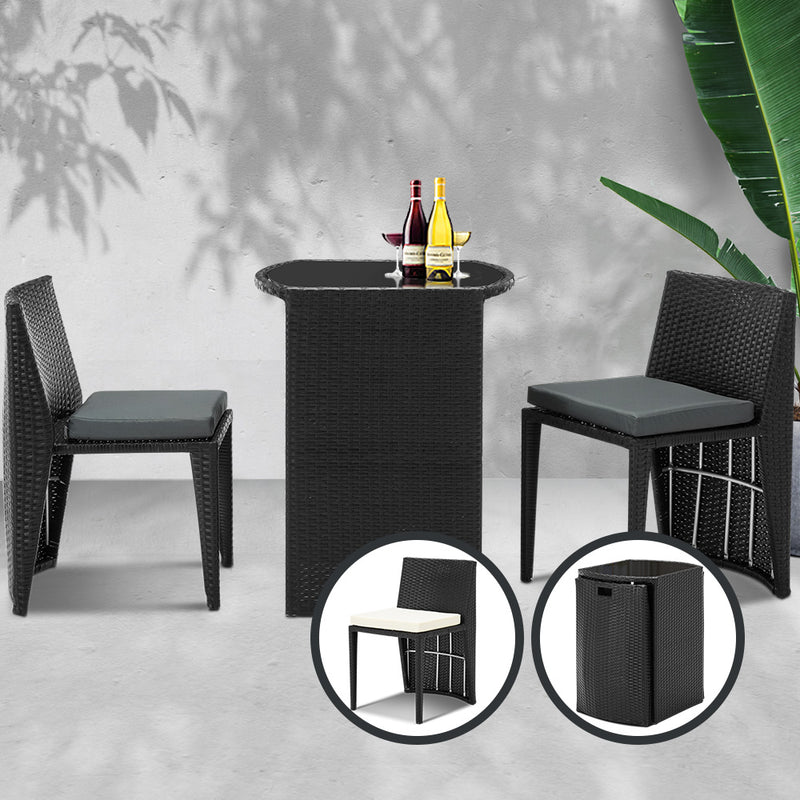 3 Piece PE Wicker Outdoor Table and Chair Set - Black