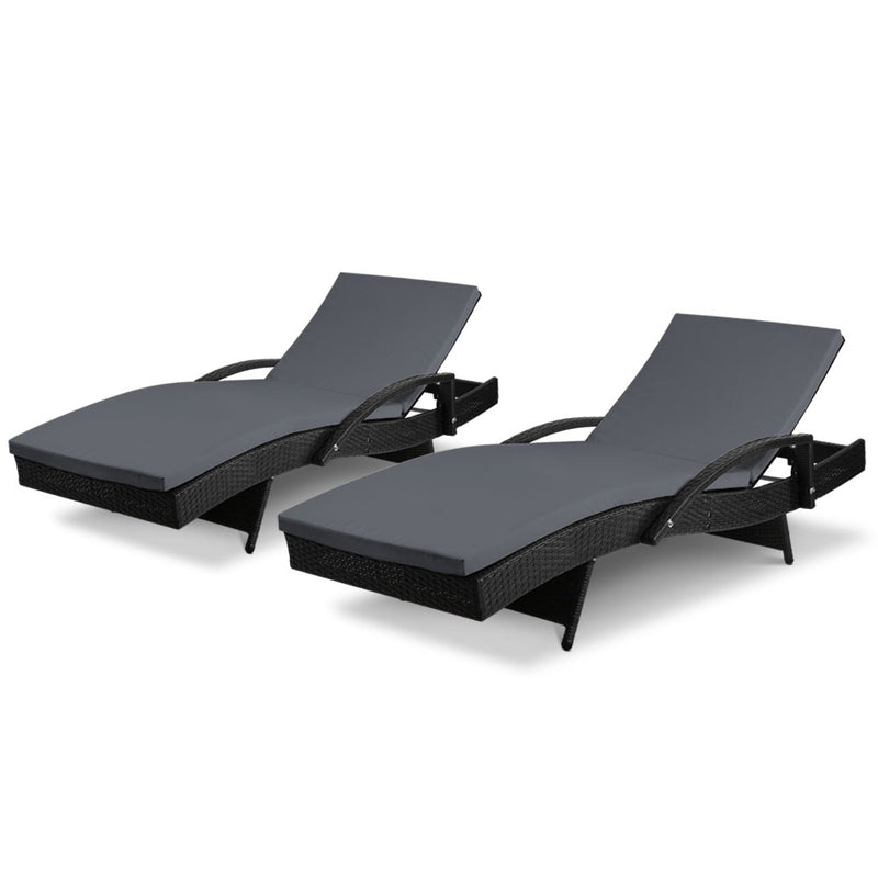 Set of 2 Outdoor Sun Lounge Chair with Cushion - Black