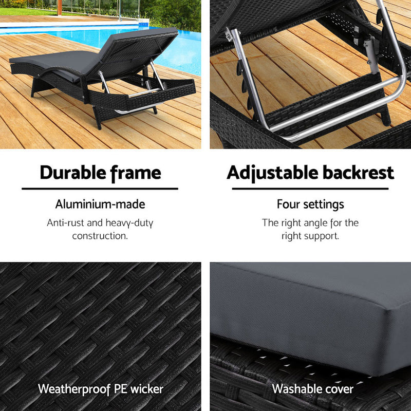 Set of 2 Outdoor Sun Lounge Chair with Cushion - Black