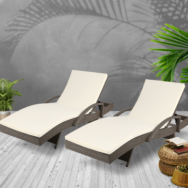Set of 2 Outdoor Sun Lounge Chair with Cushion- Grey