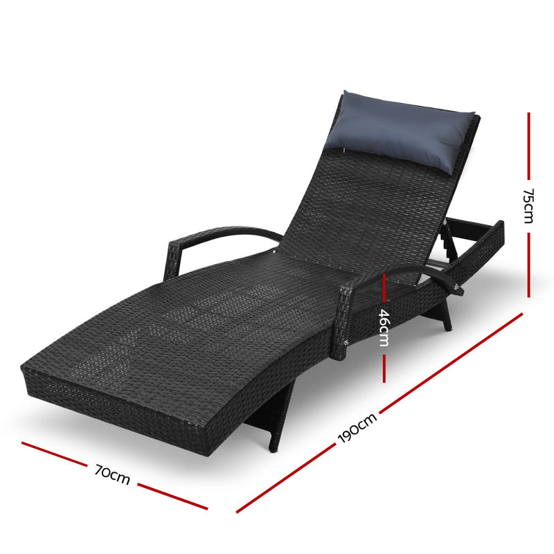 Set of 2 Sun Lounge Outdoor Furniture Wicker Lounger Rattan Day Bed Garden Patio Black