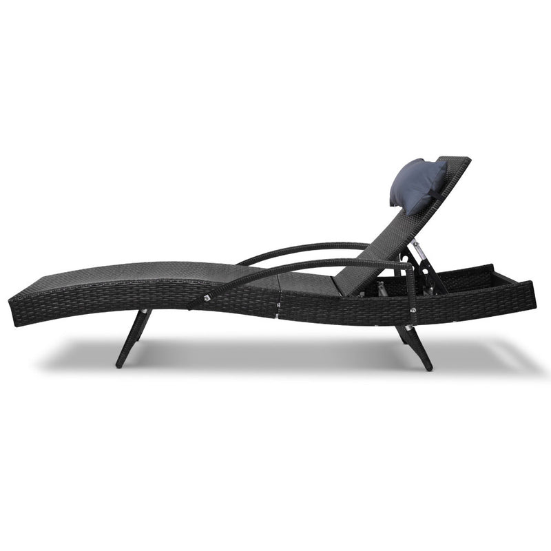 Set of 2 Sun Lounge Outdoor Furniture Wicker Lounger Rattan Day Bed Garden Patio Black