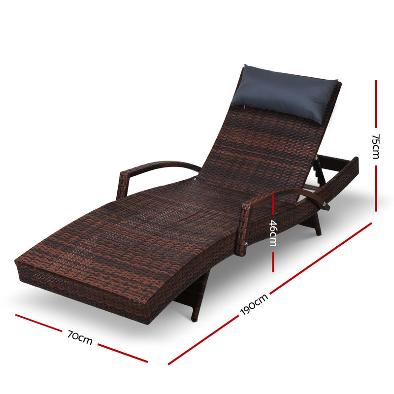 Set of 2 Sun Lounge Outdoor Furniture Wicker Lounger Rattan Day Bed Garden Patio Brown