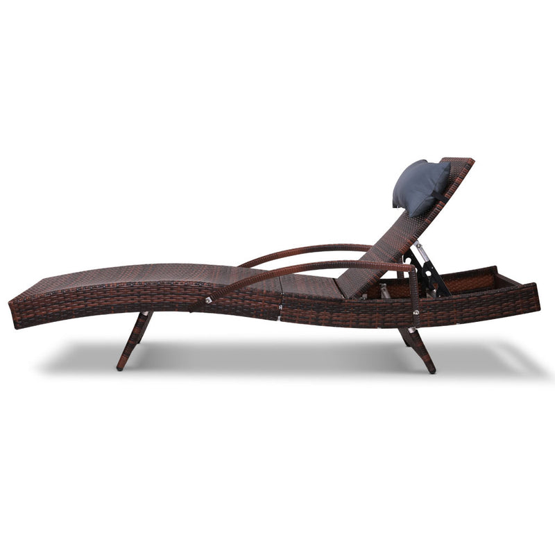 Set of 2 Sun Lounge Outdoor Furniture Wicker Lounger Rattan Day Bed Garden Patio Brown
