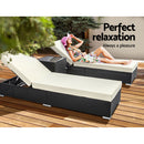 Outdoor Sun Lounge Wicker Lounger Setting Day Bed Chair Pool Furniture Rattan Sofa Cushion Garden Patio 3pc  Black Frame