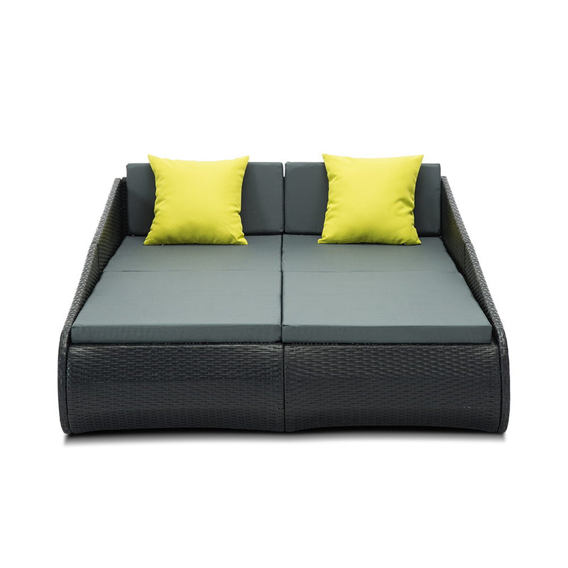2 Seat PE Wicker Sun Lounge Daybed - Black