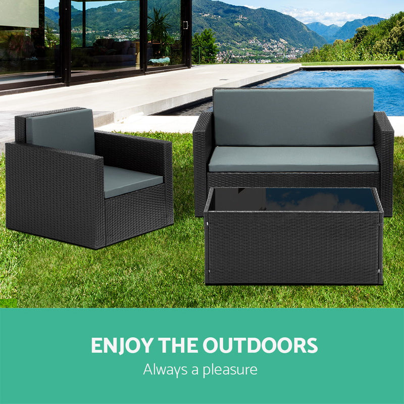 4 Piece Outdoor Wicker Furniture Set - Black