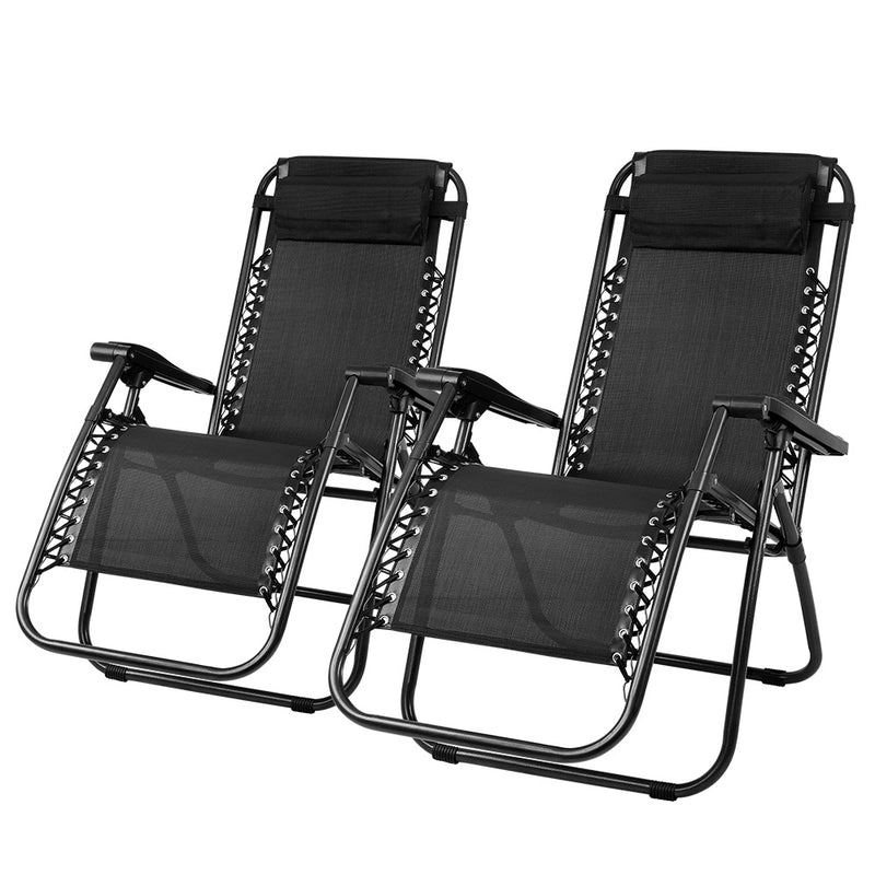 Set of 2 Zero Gravity Chairs Reclining Outdoor Furniture Sun Lounge Folding Camping Lounger Black