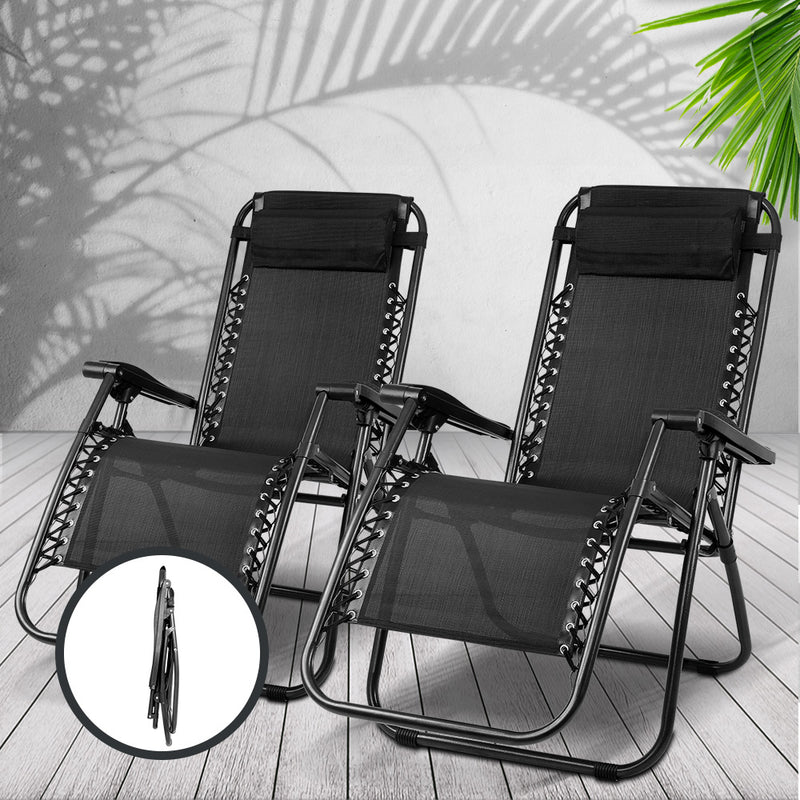Set of 2 Zero Gravity Chairs Reclining Outdoor Furniture Sun Lounge Folding Camping Lounger Black