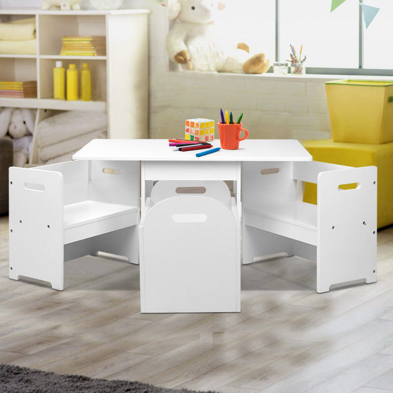 Keezi 4PCS Kids Table and Chairs Set Storage Box Toys Play Desk Wooden Children