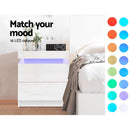 Bedside Tables Side Table Drawers RGB LED High Gloss Nightstand White