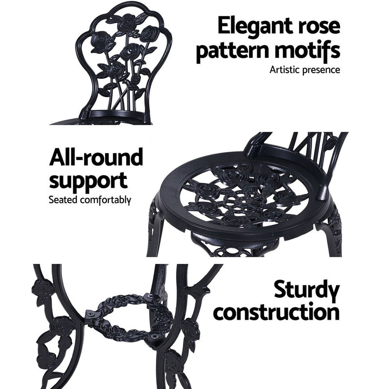 3PC Outdoor Setting Cast Aluminium Bistro Table Chair Patio Black
