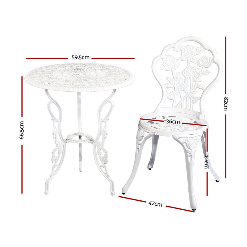 Outdoor Furniture Chairs Table 3pc Aluminium Bistro White