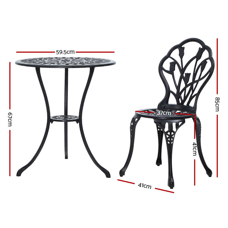 3PC Outdoor Setting Cast Aluminium Bistro Table Chair Patio Black
