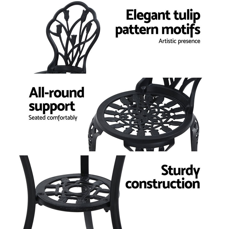3PC Outdoor Setting Cast Aluminium Bistro Table Chair Patio Black