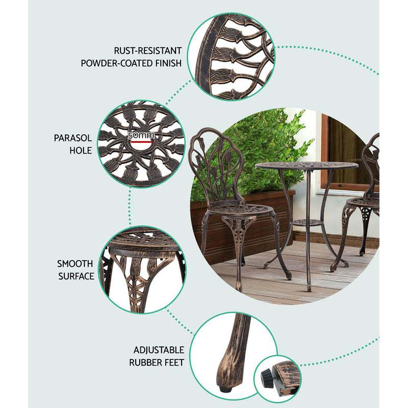 3PC Outdoor Setting Cast Aluminium Bistro Table Chair Patio Bronze