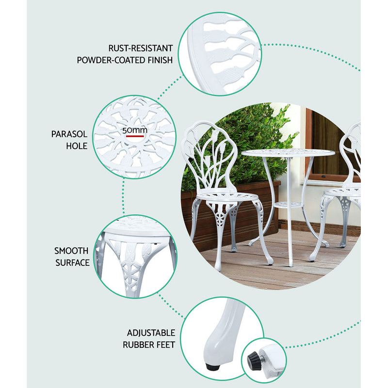 3PC Outdoor Setting Cast Aluminium Bistro Table Chair Patio White