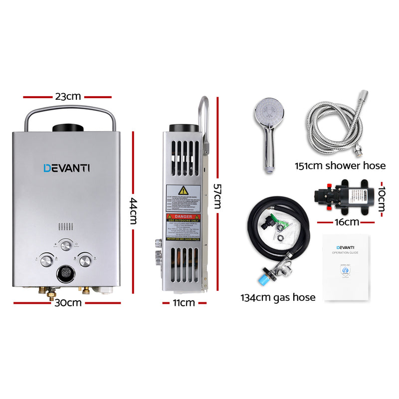 DEVANTi Outdoor Portable Gas Hot Water Heater Shower Camping LPG Caravan Pump Silver