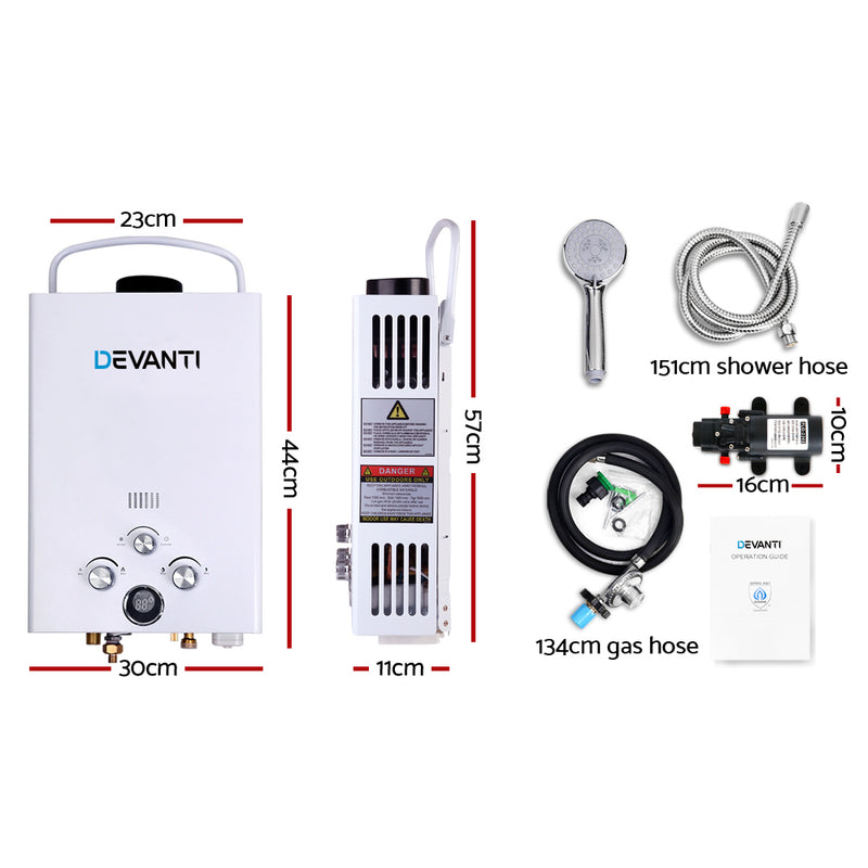 DEVANTi Outdoor Portable Gas Hot Water Heater Shower Camping LPG Caravan Pump White