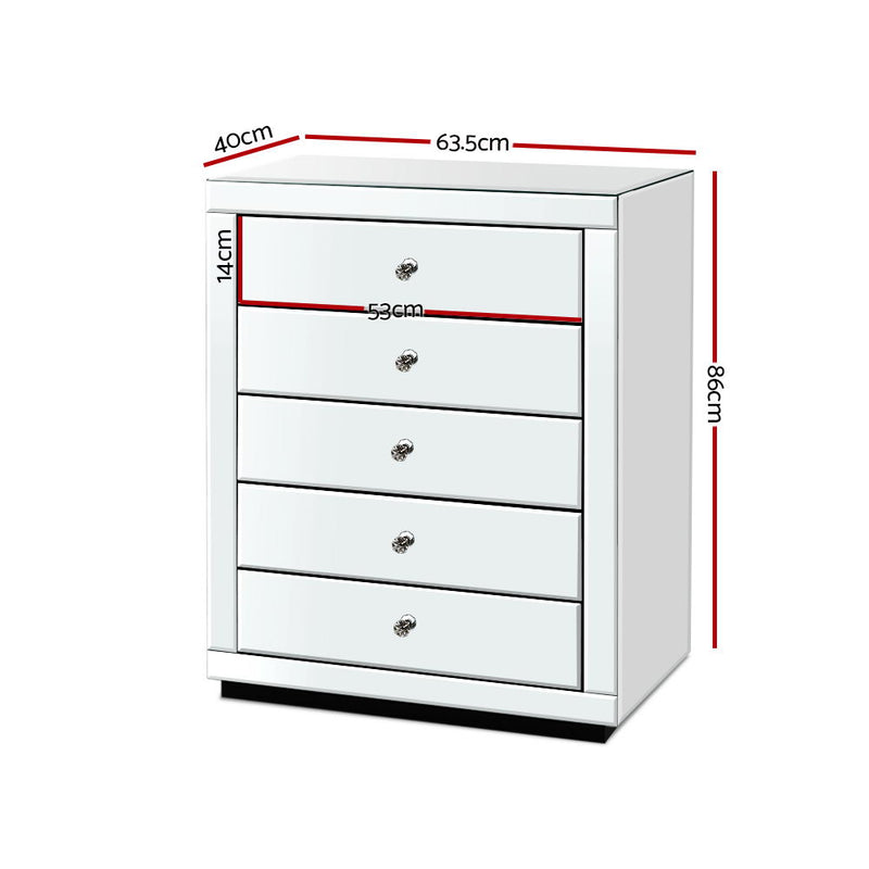 Chest of Drawers Mirrored Tallboy 5 Drawers Dresser Table Storage Cabinet