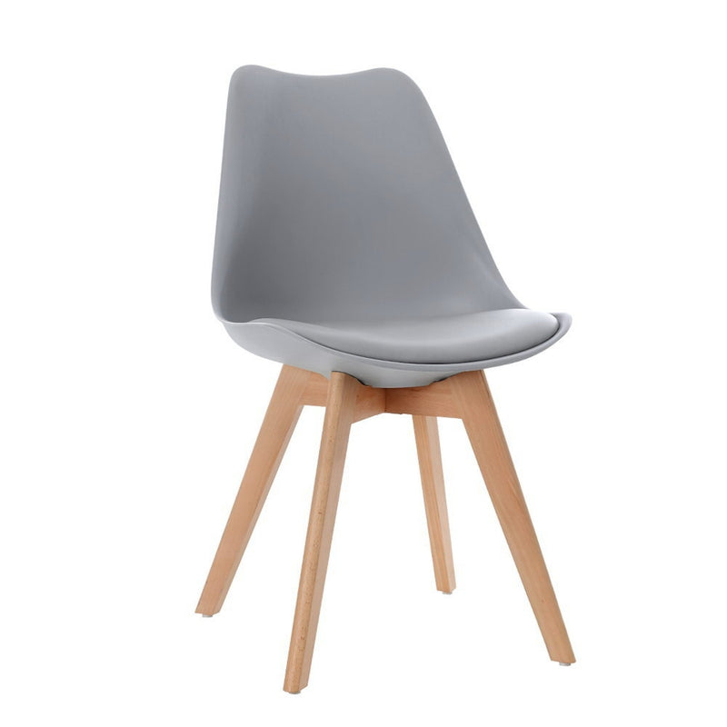 Set of 4 Retro Dining DSW Chairs PU Leather Padded Kitchen Cafe Beech Wood Legs Grey