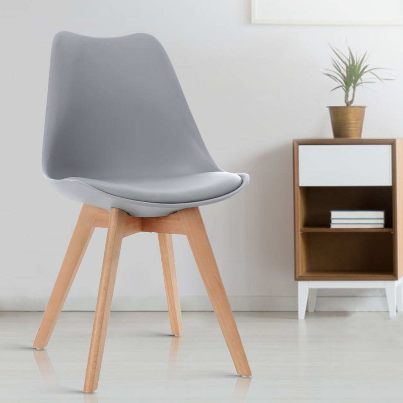Set of 4 Retro Dining DSW Chairs PU Leather Padded Kitchen Cafe Beech Wood Legs Grey