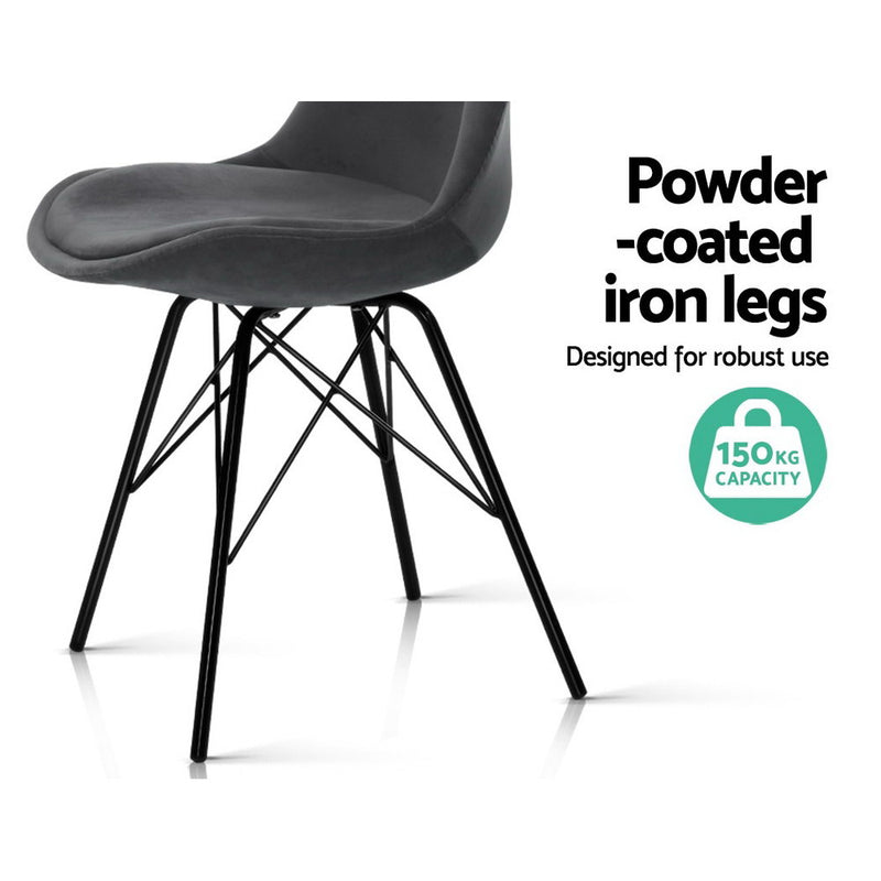 Set of 2 Dining Chairs DSW Cafe Kitchen Velvet Fabric Padded Iron Legs Grey