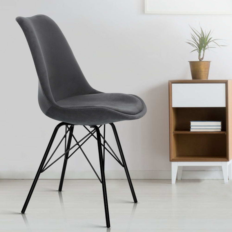Set of 2 Dining Chairs DSW Cafe Kitchen Velvet Fabric Padded Iron Legs Grey